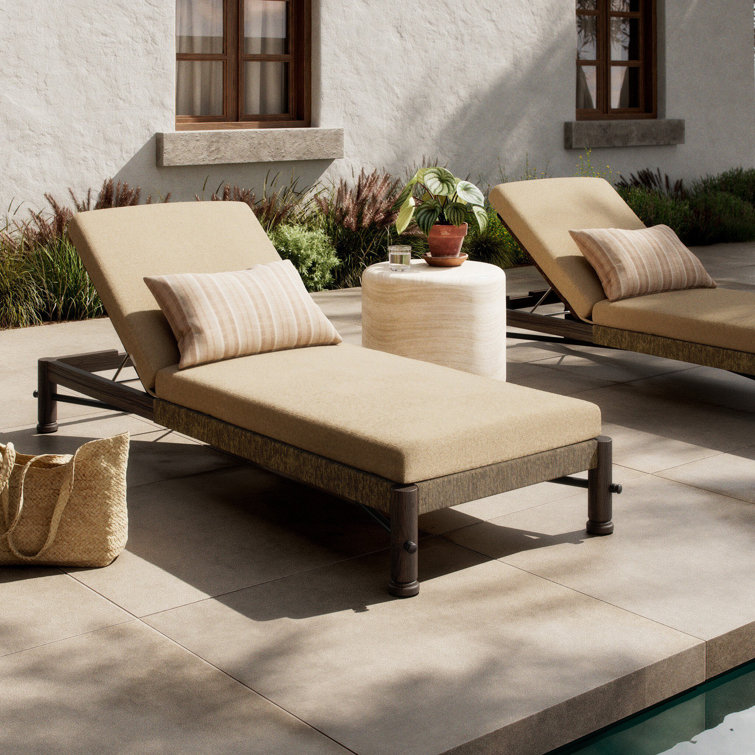 Natural Teak and Metal Outdoor Chaise Lounger with Cushions