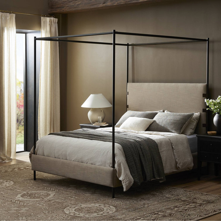 Beige Queen Upholstered Canopy Bed with Metal Frame