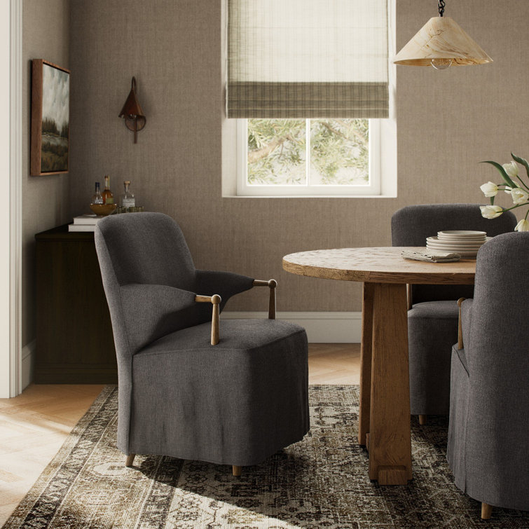 Gray Linen Upholstered Arm Chair with Oak Wood Frame