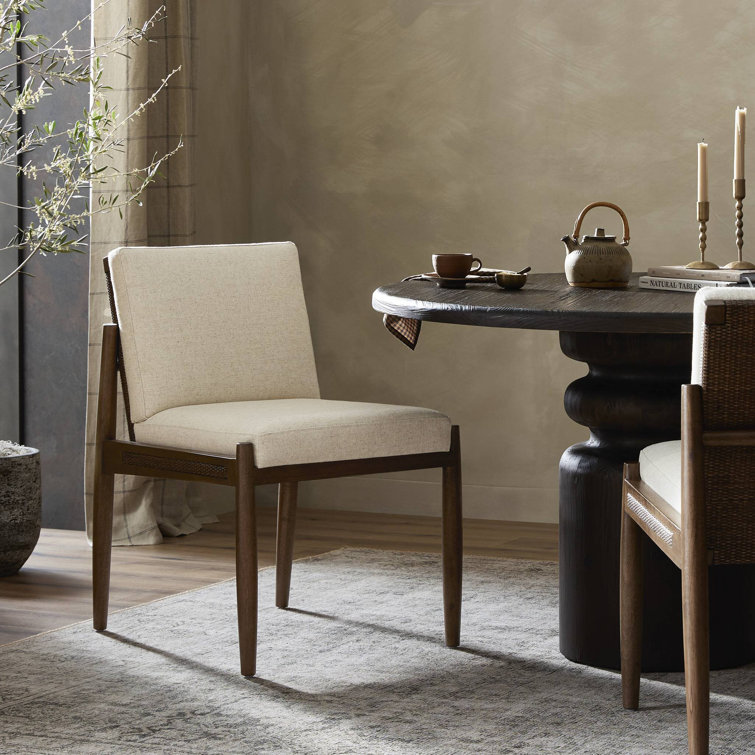 White Linen and Rattan Cane Side Chair