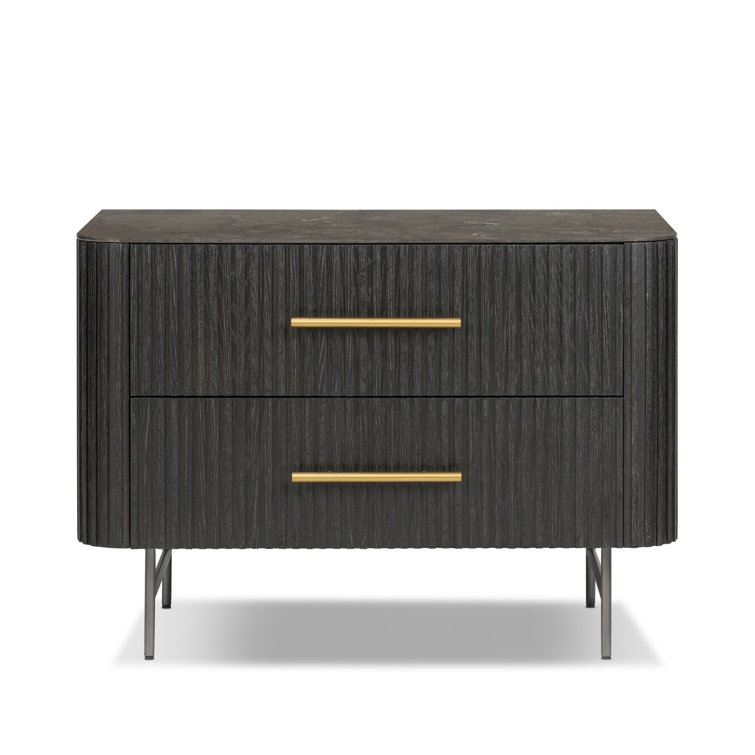 Black Oak and Stone 2-Drawer Nightstand with Brass Handles