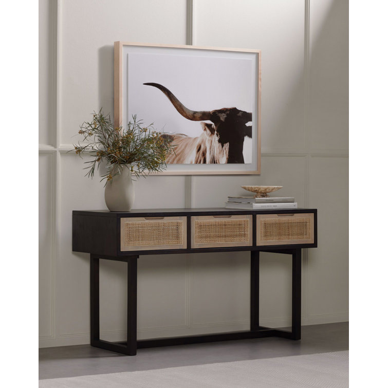 Clarita Mid-Century Modern Black Mango Wood Console Table with 3 Cane Drawers