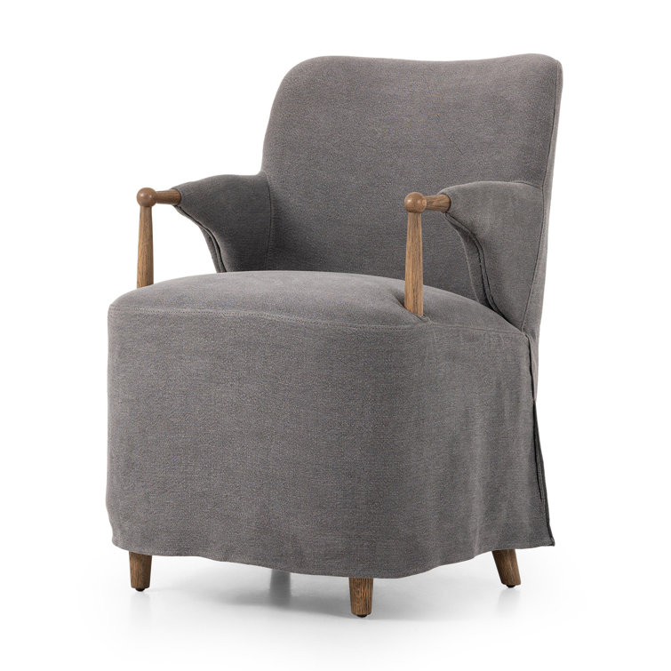 Gray Linen Upholstered Arm Chair with Oak Wood Frame