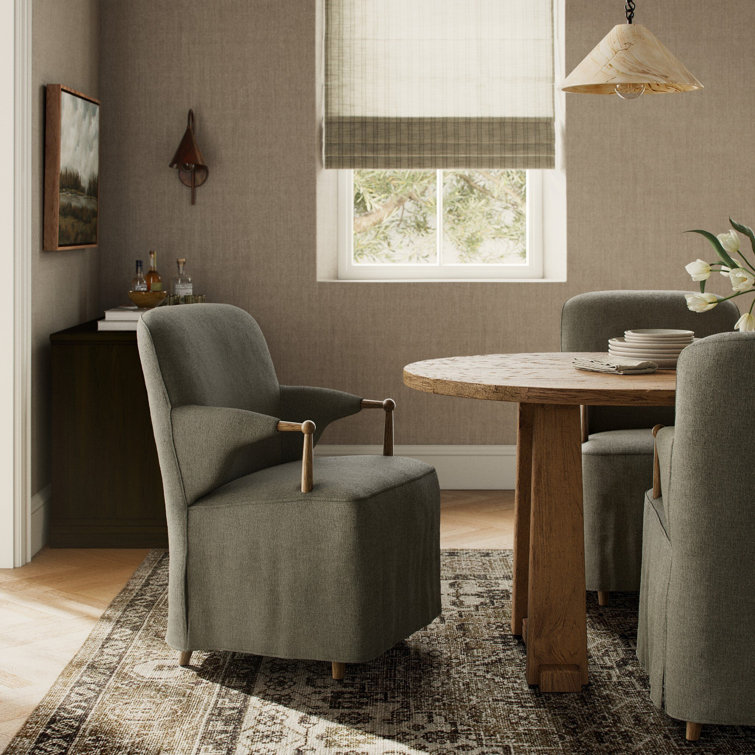 Olive Linen Upholstered Arm Chair with Distressed Oak Frame