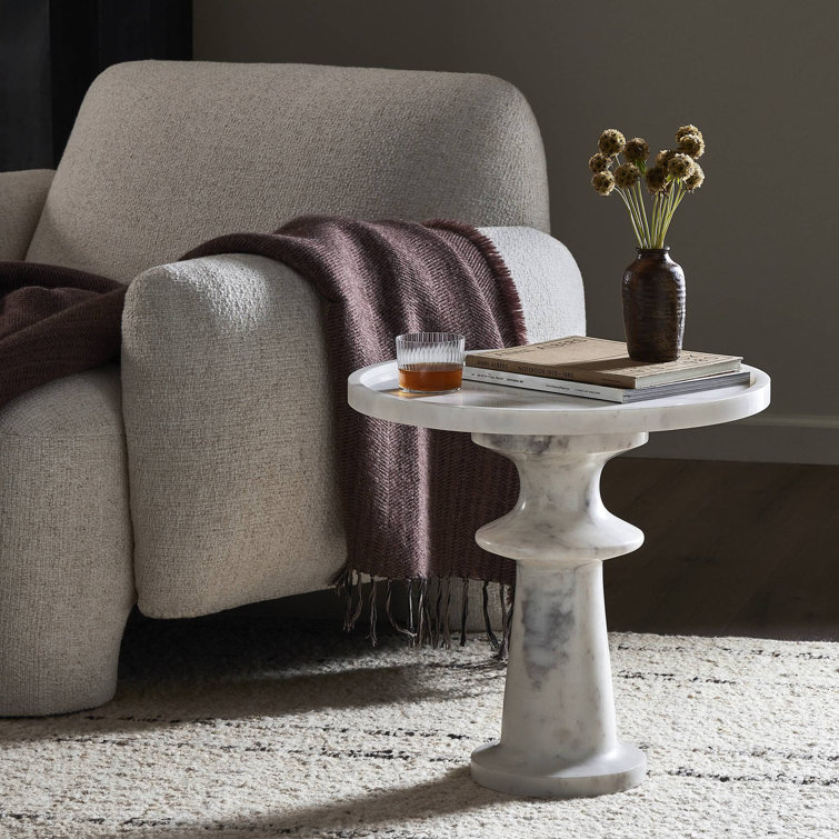 Polished White Marble and Hardwood Round End Table