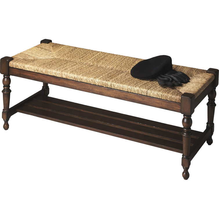 Mahogany Woven Seat Bench with Storage Shelf