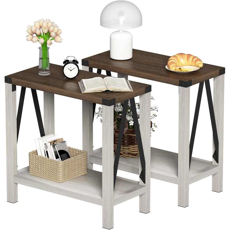 White and Brown Farmhouse Rectangular End Table Set with Storage Shelf