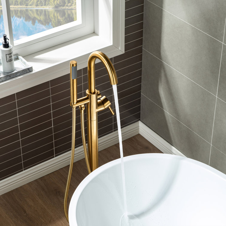 Brushed Gold Freestanding Tub Filler Faucet with Hand Shower