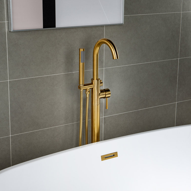 Brushed Gold Freestanding Tub Filler Faucet with Hand Shower