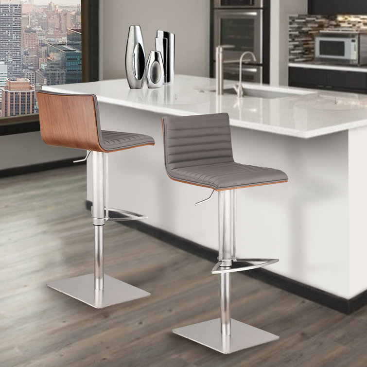 Contemporary 32" Gray Faux Leather & Walnut Swivel Bar Stool