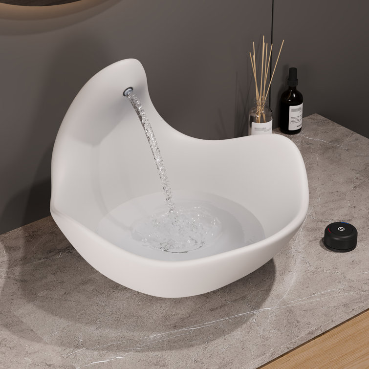 Gray White Concrete Vessel Sink with Built-In Faucet
