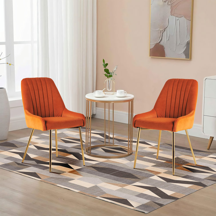 Orange Velvet Tufted Side Chairs with Gold Metal Legs, Set of 2