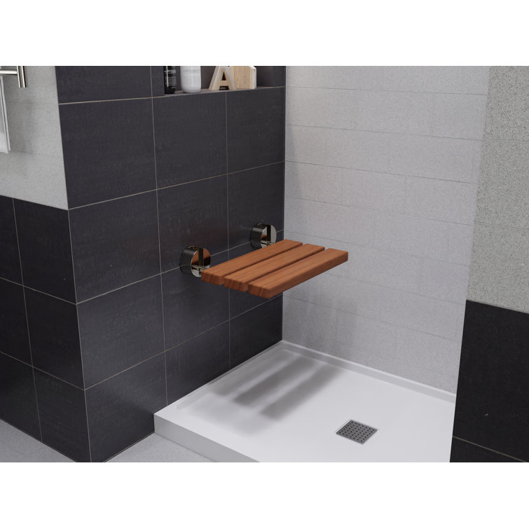 Natural Teak Wood Wall Mounted Folding Shower Bench with Polished Chrome Finish