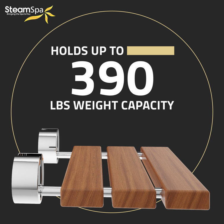 Natural Teak Wood Wall Mounted Folding Shower Bench with Polished Chrome Finish