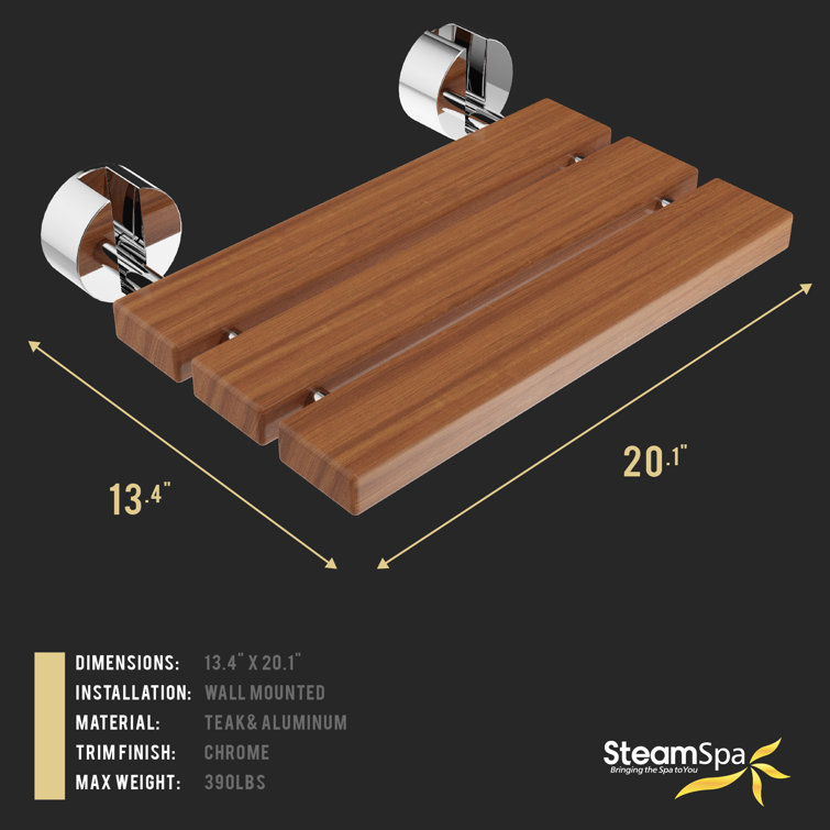Natural Teak Wood Wall Mounted Folding Shower Bench with Polished Chrome Finish