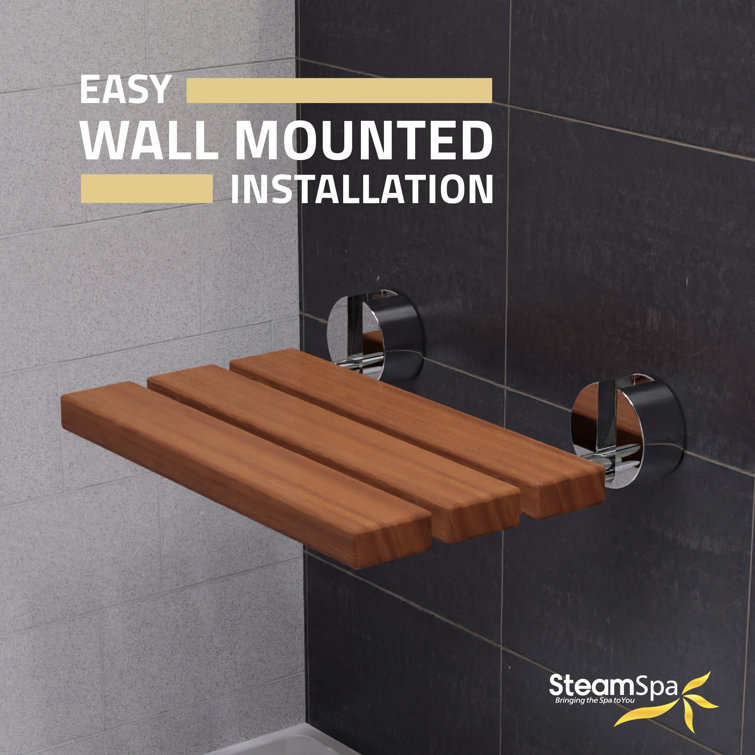Natural Teak Wood Wall Mounted Folding Shower Bench with Polished Chrome Finish