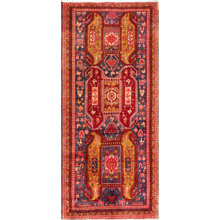 Vintage Red and Yellow Hand-Knotted Wool Runner Rug