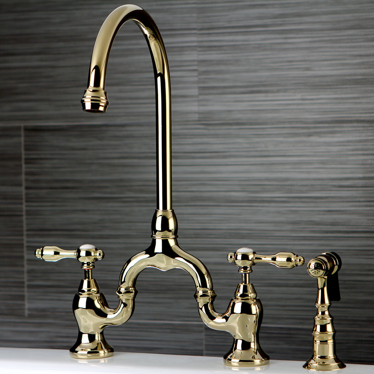 Polished Brass Victorian Bridge Kitchen Faucet with Side Sprayer