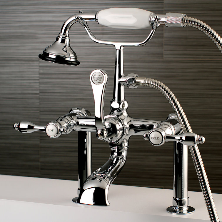 Polished Chrome Three-Handle Clawfoot Tub Faucet with Hand Shower