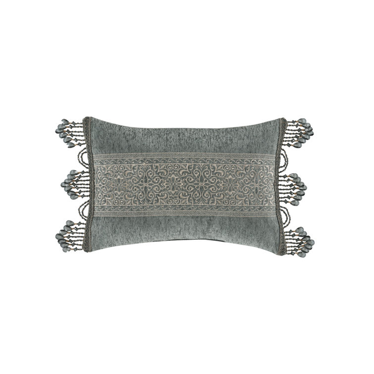 Teal Embroidered Rectangular Fringe Accent Pillow