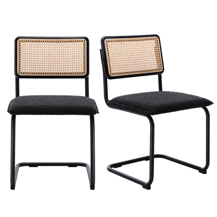 Black Boucle Upholstered Side Chair with Rattan Cane Back