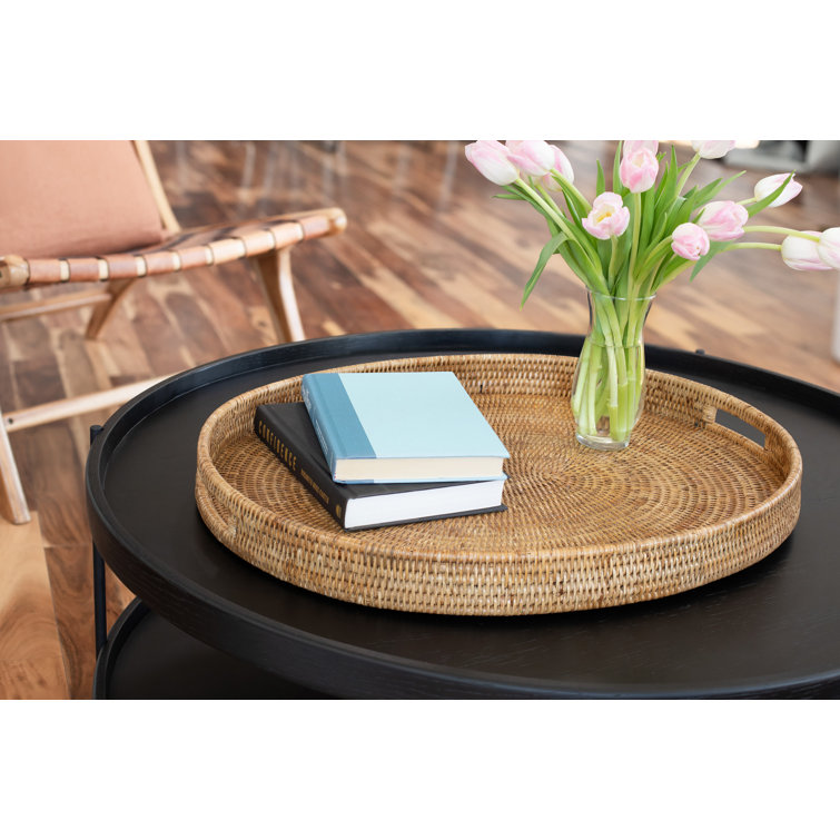 Honey Brown Oval Rattan Ottoman Tray with Cutout Handles