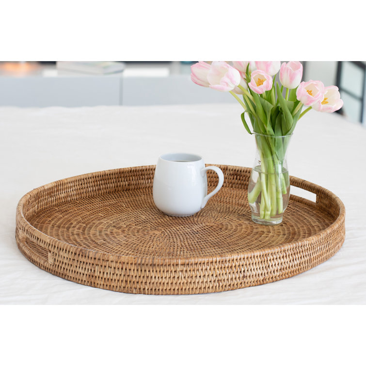 Honey Brown Oval Rattan Ottoman Tray with Cutout Handles
