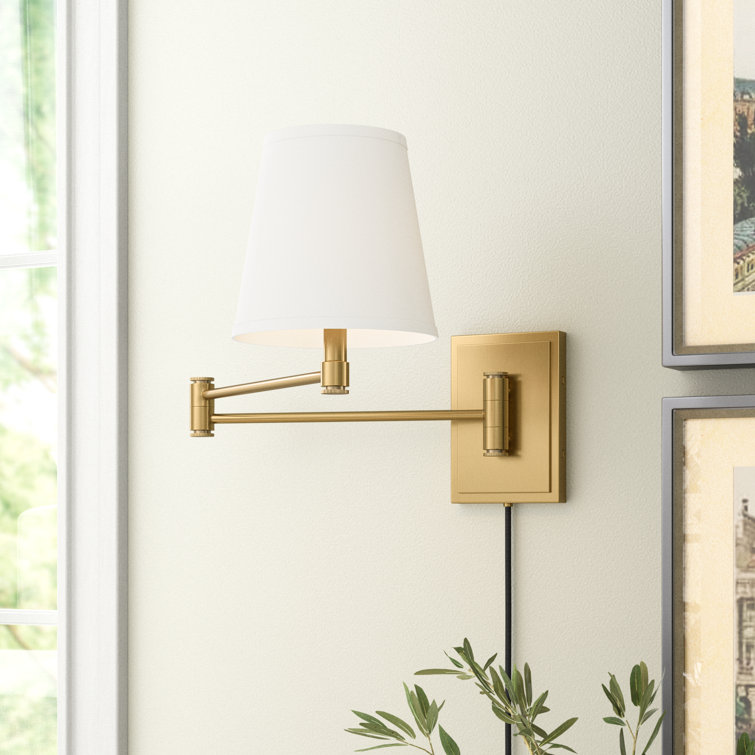 Lacquered Brass Steel Swing Arm Wall Sconce with White Shade