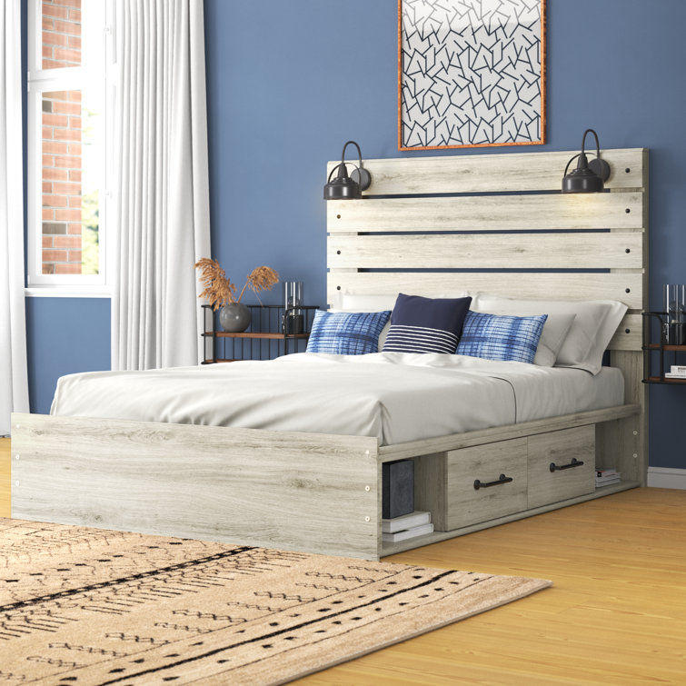 White Queen Upholstered Storage Bed with Headboard and Drawers