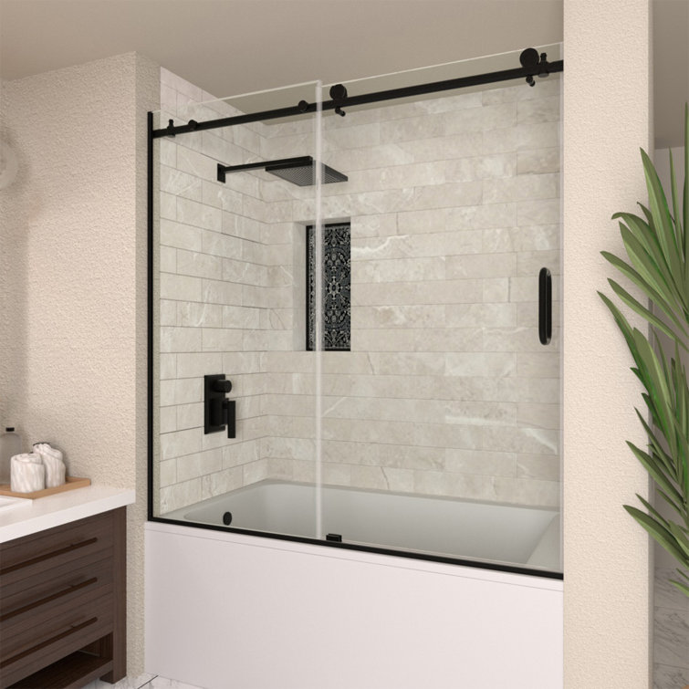 60'' Matte Black Semi-Frameless Sliding Tub Door with Clear Glass