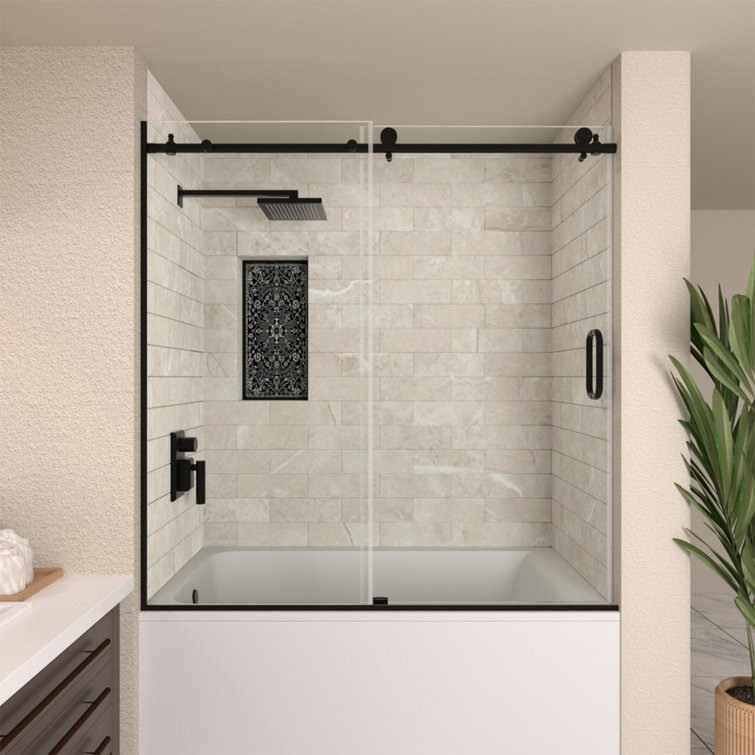 60'' Matte Black Semi-Frameless Sliding Tub Door with Clear Glass
