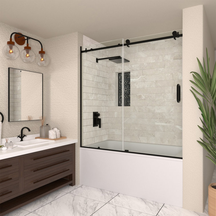 60'' Matte Black Semi-Frameless Sliding Tub Door with Clear Glass