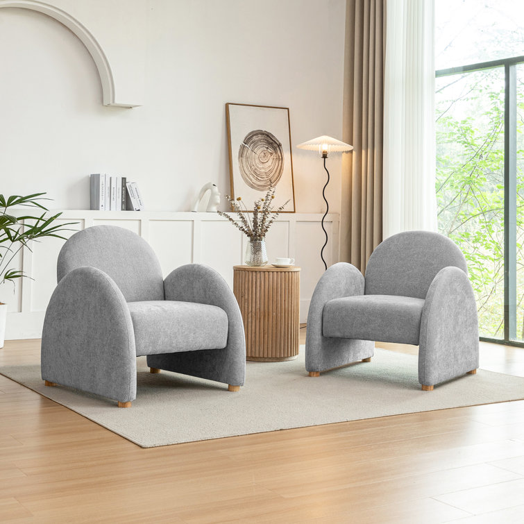 Gray Boucle Fabric Armchair Set with Solid Wood Frame