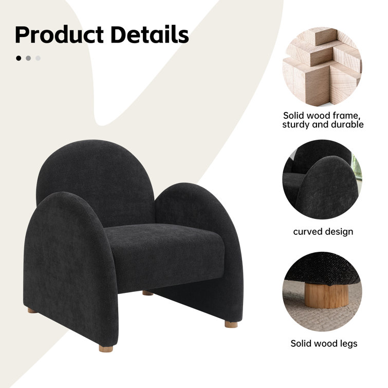Black Boucle Fabric Armchair Set with Wood Legs