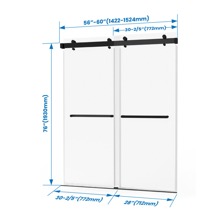 Matte Black Frameless Sliding Shower Door with Tempered Glass