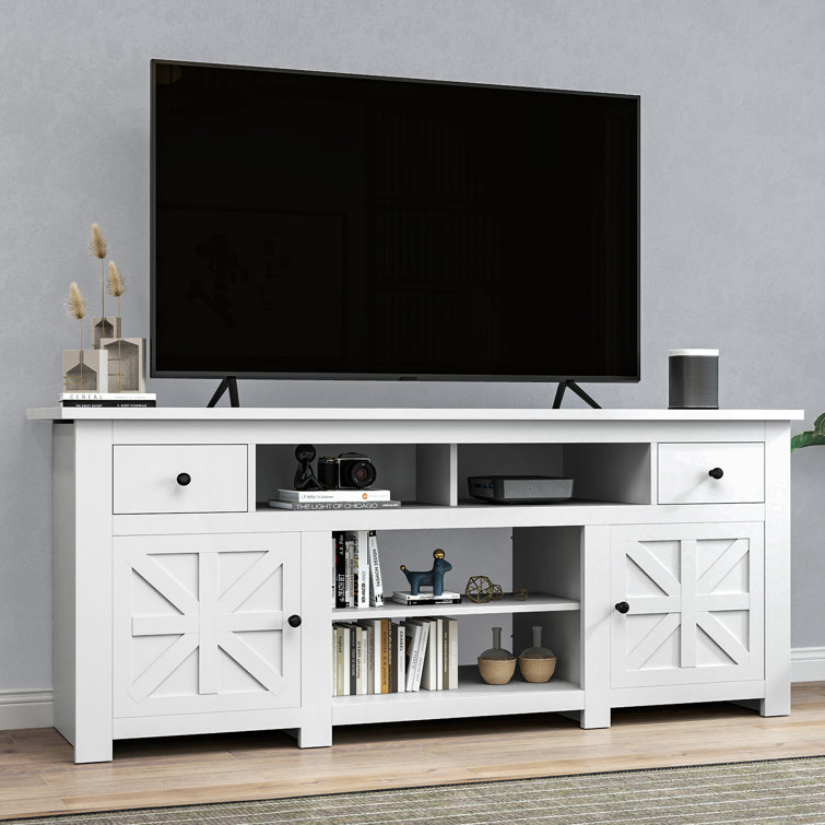 White Farmhouse TV Stand with Built-in Power Socket for 80'' Screens