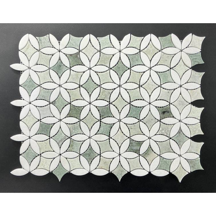 Polished Ming Green and Thassos White Marble Mosaic Tile
