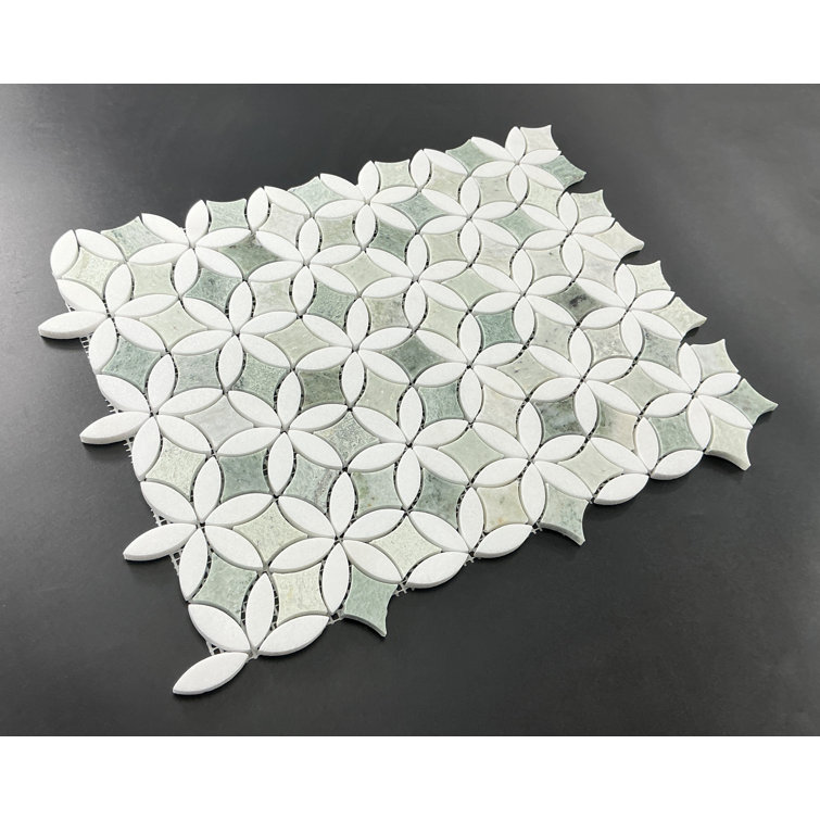 Polished Ming Green and Thassos White Marble Mosaic Tile