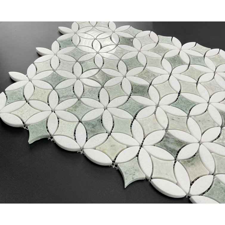 Polished Ming Green and Thassos White Marble Mosaic Tile