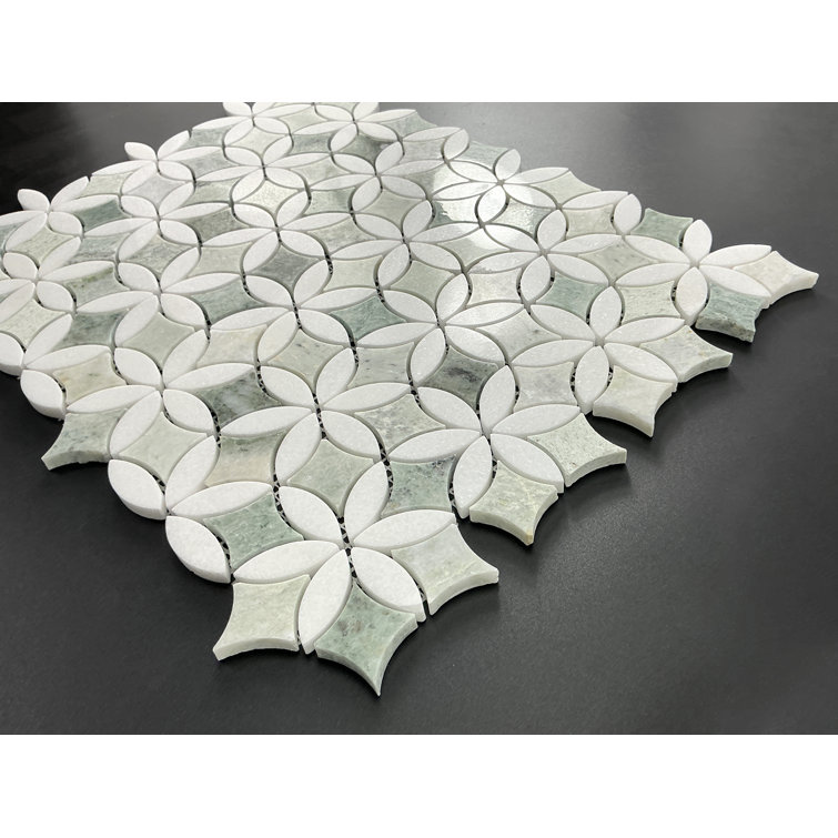 Polished Ming Green and Thassos White Marble Mosaic Tile