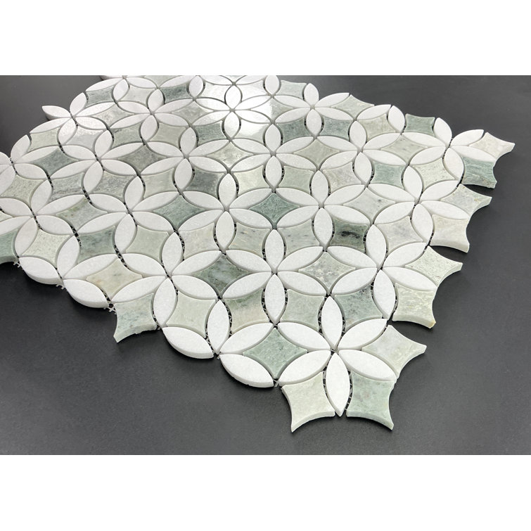 Polished Ming Green and Thassos White Marble Mosaic Tile