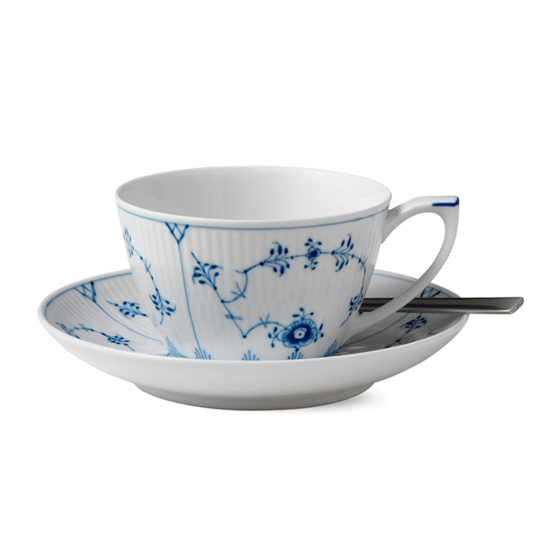Blue Ribbed Ceramic Saucer with Floral Motif