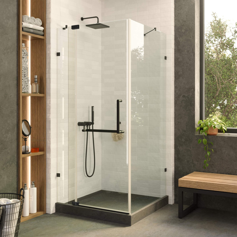 Black Tempered Glass Frameless Corner Shower Enclosure - 34" x 34" x 74"