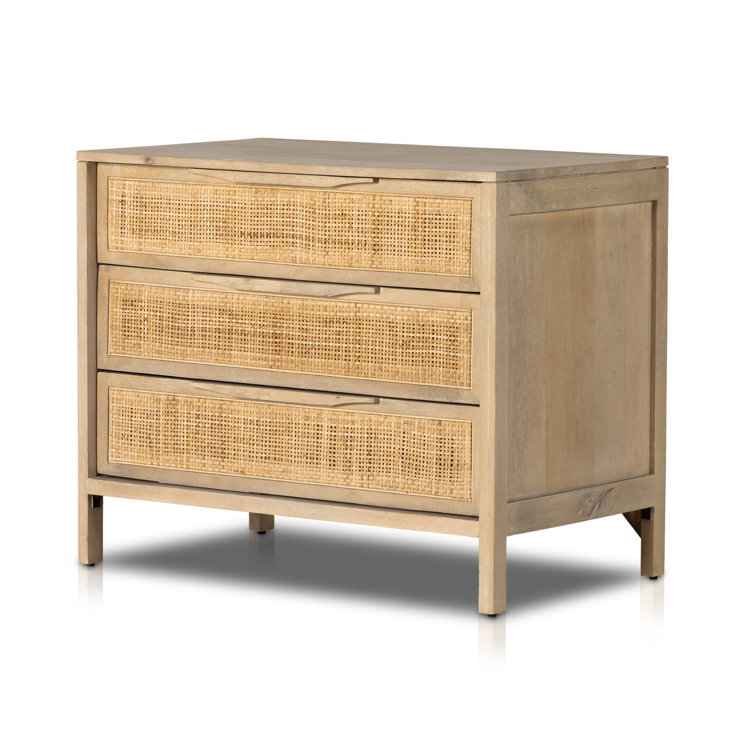 Natural Mango 3-Drawer Nightstand with Woven Cane Front