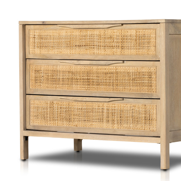 Natural Mango 3-Drawer Nightstand with Woven Cane Front