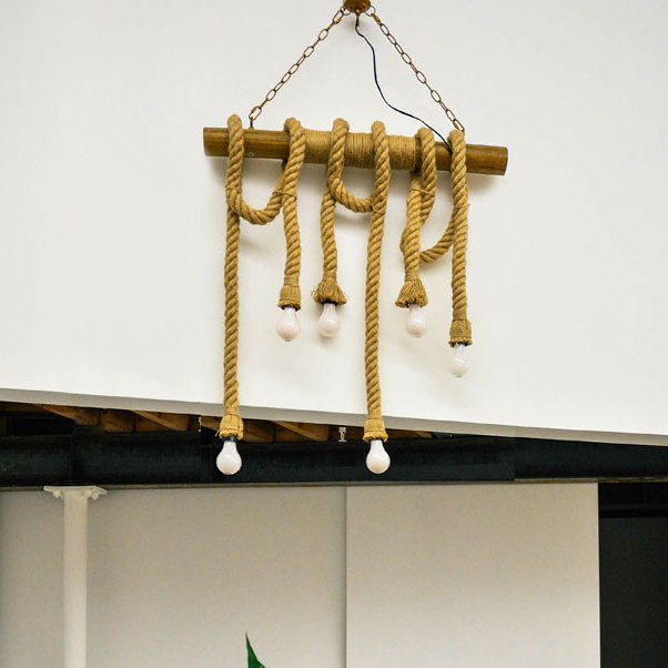 Rustic Brown Rope and Bamboo 6-Light Pendant Lamp