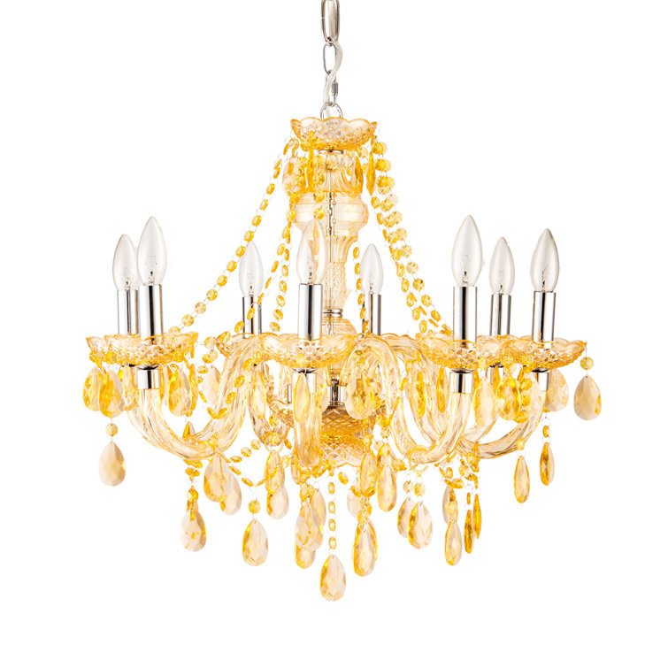 Yellow Crystal 8-Light Plug-In Chandelier with Metal Frame