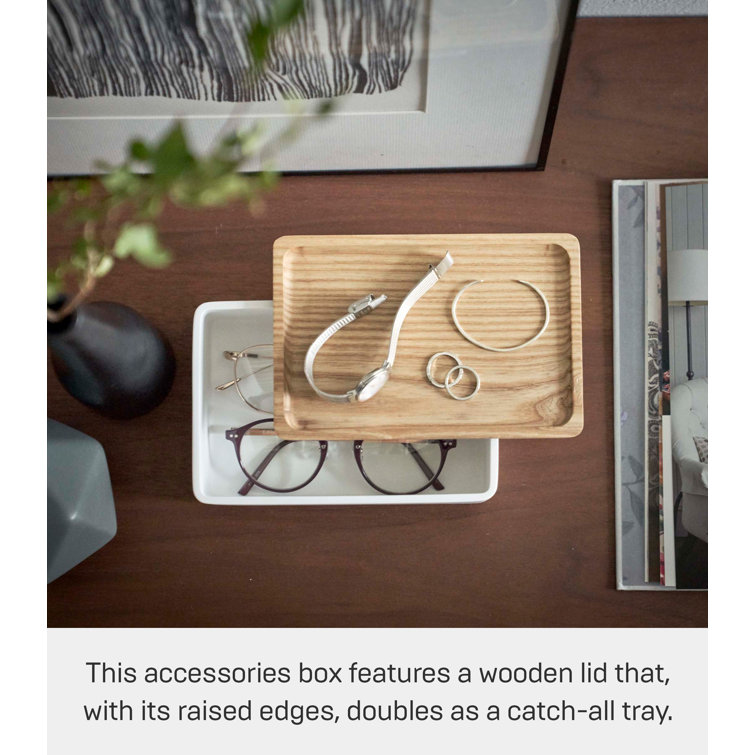 White Polystone Rectangular Accessory Box with Wooden Lid