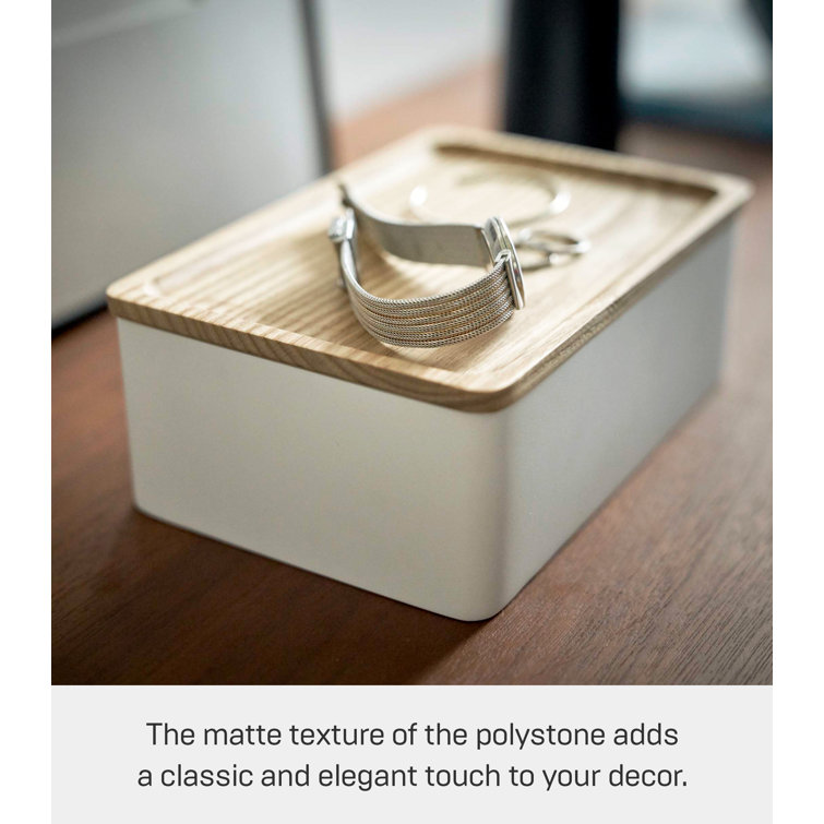 White Polystone Rectangular Accessory Box with Wooden Lid
