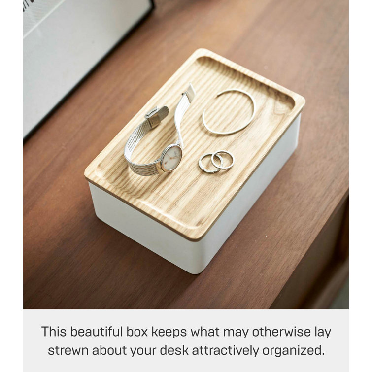 White Polystone Rectangular Accessory Box with Wooden Lid